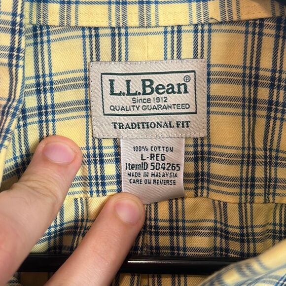 LL Bean Short Sleeve Button Up Shirt Mens Size L Regular Plaid Cotton Yellow - Picture 6 of 9